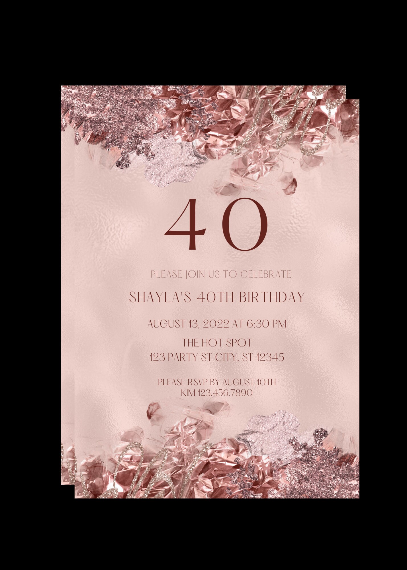 Editable Rose Gold Birthday Invitation, 40th Birthday Invitation, Any ...
