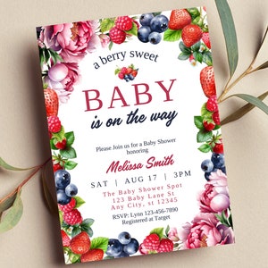 Uitnodiging A Berry Sweet Baby Is On The Way, bewerkbare sjabloon babyshower, afdrukbare uitnodiging Berry-thema, instant download, digitale uitnodiging