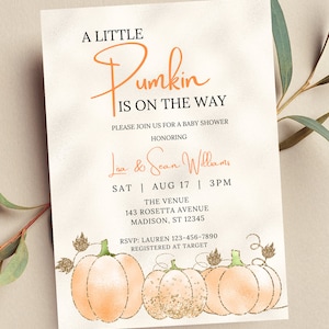 Editable A Little Pumpkin Is on the Way Baby Shower Invitation Fall Invitation, Orange Pumpkin, Print or Text Invite