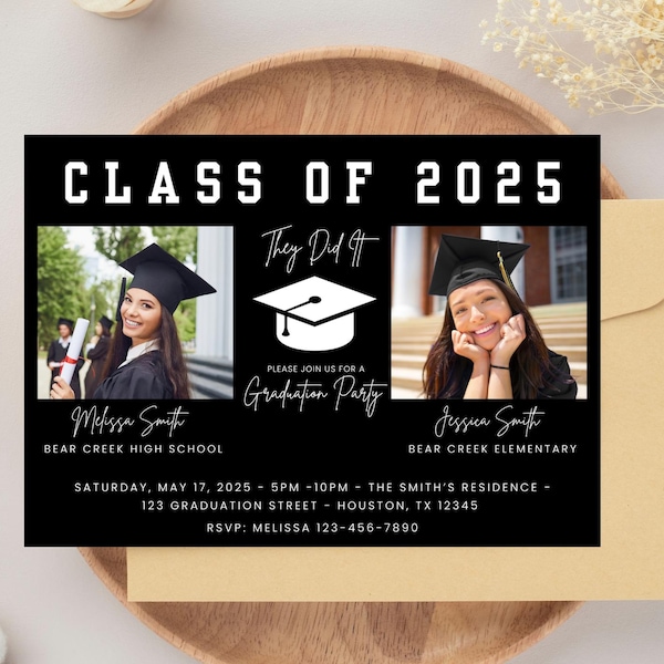 Editable Double Graduation Invitation with Photo, Joint Graduation Party, Twin Graduation Announcement Template, Printable or Digital Invite