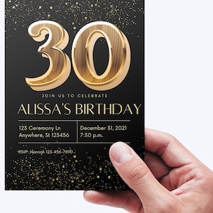 Editable 30th Birthday Party Invitation, Black and Gold, Invitation ...