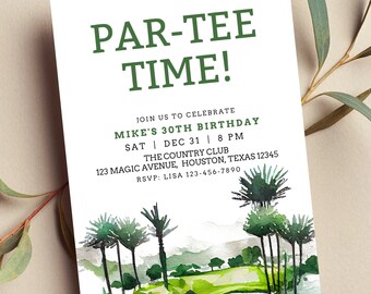 Bewerkbare uitnodiging voor een golfverjaardag, 'Let's Par Tee', uitnodiging voor een golfverjaardag, 'Par Tee Time', golffeestje, printbare of digitale uitnodiging