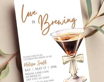 Invitación editable Love is Brewing, despedida de soltera con martini espresso, invitación imprimible o digital