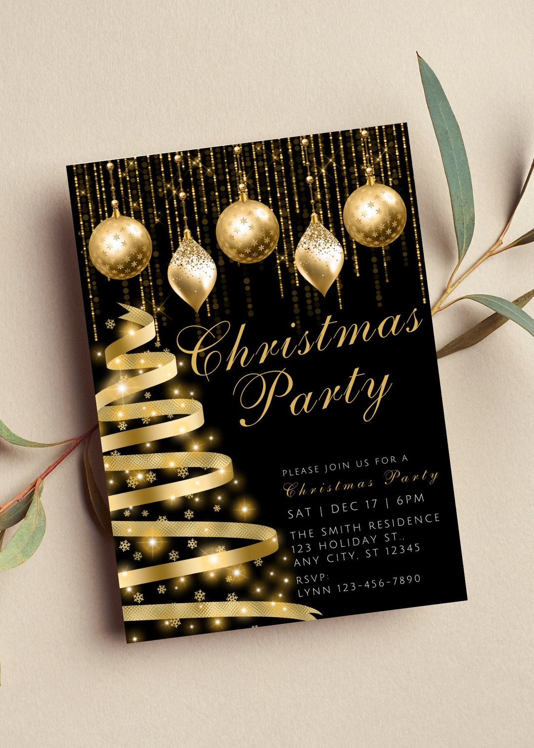 Editable Christmas Party Invitation, Gold and Black, Holiday, Printable ...