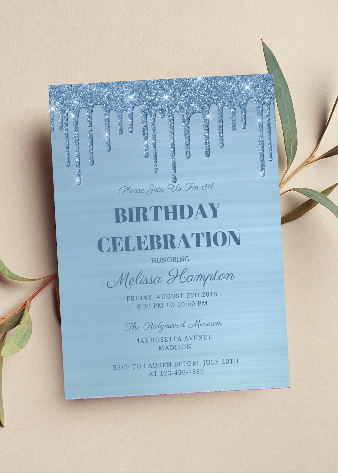 Editable Light Blue Birthday Invitation, Blue Glitter Drip, Printable