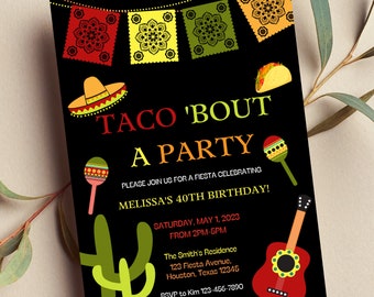 Editable Taco 'Bout a Party Invitation, Fiesta Invitation, Birthday, Mexican Theme, Cactus, Printable or Text Invite