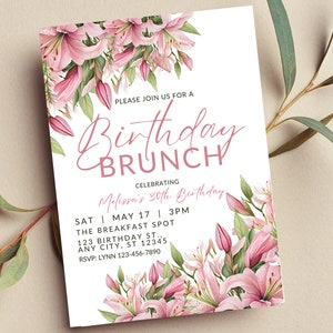 Editable Birthday Brunch Invitation, Pink Floral, Sunday Brunch, Baby Brunch, Bridal Brunch, Printable or Digital Invite