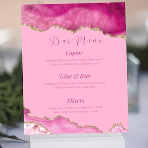 Bearbeitbare Rosa und Gold Bar Menükartenvorlage, Menü in voller Größe, Tischmenü, Abendmenü, Geburtstagsmenü, Hochzeitsmenü, bedruckbar