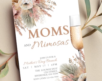 Editable Mother's Day Brunch Invitation, Moms and Mimosas, Boho Floral, Mother's Day Invitation, Printable or Digital Invite
