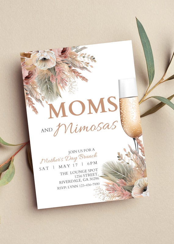 Editable Mother's Day Brunch Invitation, Moms and Mimosas, Boho Floral, Mother's Day Invitation, Printable or Digital Invite