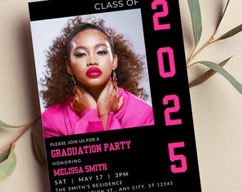 Editable Graduation Party Invitation, Pink and Black, Photo, Graduation Announcement, Printable or Digital Invitation