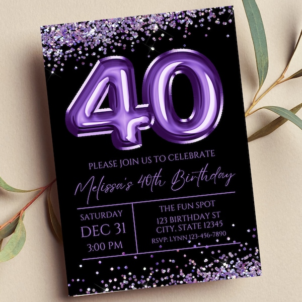 Editable 40th Birthday Invitation, Purple and Black Invitation, Purple 40 Balloon, Glam, Glitter, Printable or Text Invite