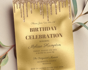 Editable Gold Glitter Birthday Invitation (Digital Download)