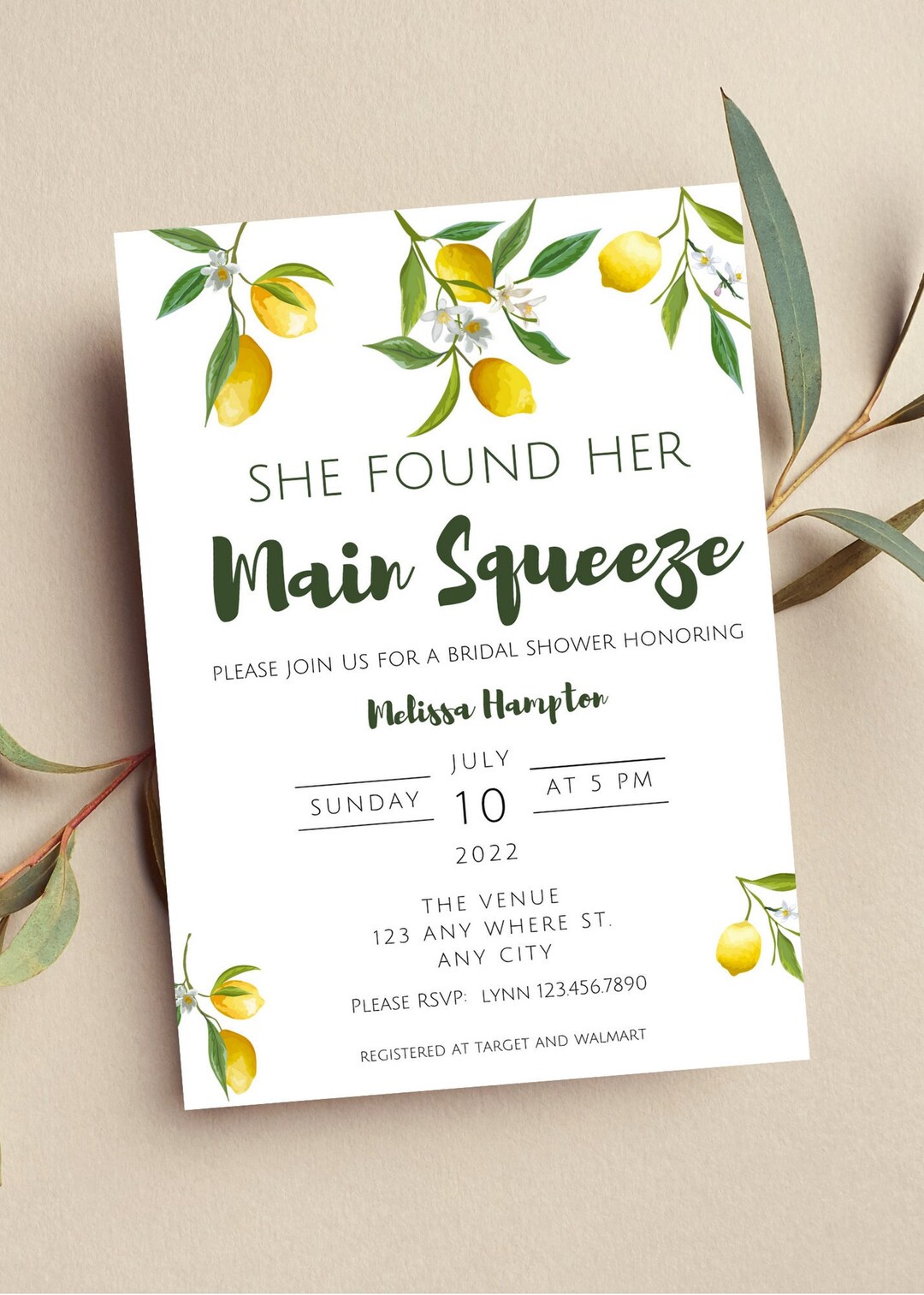 Editable She Found Her Main Squeeze Bridal Shower Invitation, Lemon ...