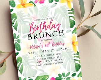 May include: Tropical-themed birthday brunch invitation with a white background and green and yellow floral designs. The text reads "Please join us for a Birthday Brunch honoring Melissa's 30th Birthday. Sat May 17 3PM. The Birthday Spot 123 Birthday St. Any City, ST 12345. RSVP: Lynn 123-456-7890"