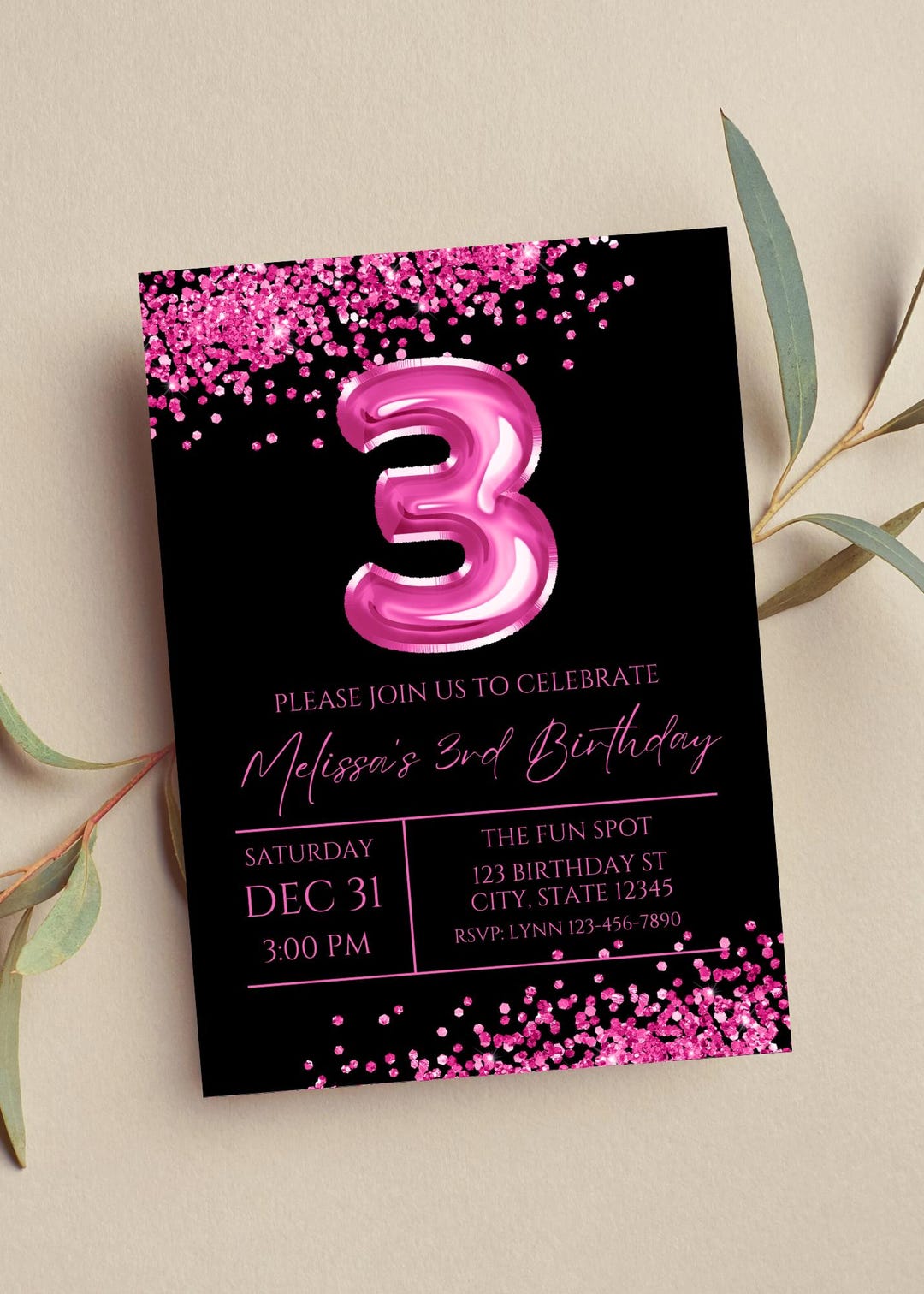 Editable 3rd Birthday Invitation, Hot Pink and Black Invitation, Hot ...