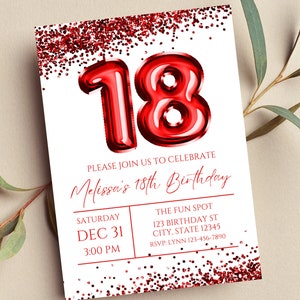 Editable 18th Birthday Invitation, Red and White Invitation, Red 18 Balloon, Glam, Glitter, Printable or Digital Invitation