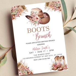 May include: A white invitation with a floral design featuring a cowboy hat and boots. The text reads "Boots & Brunch" and includes details for a birthday brunch honoring Melissa Smith. The event is scheduled for Saturday, August 17th at 3 PM at The Winery Spot, 123 Brunch Street, ST Any City, ST 12345. RSVP to Lynn at 123-456-7890.