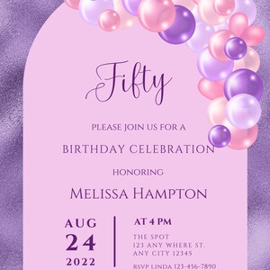 Editable Pink and Purple Birthday Invitation, Pink and Purple Balloon Arch Invite, Printable or ...