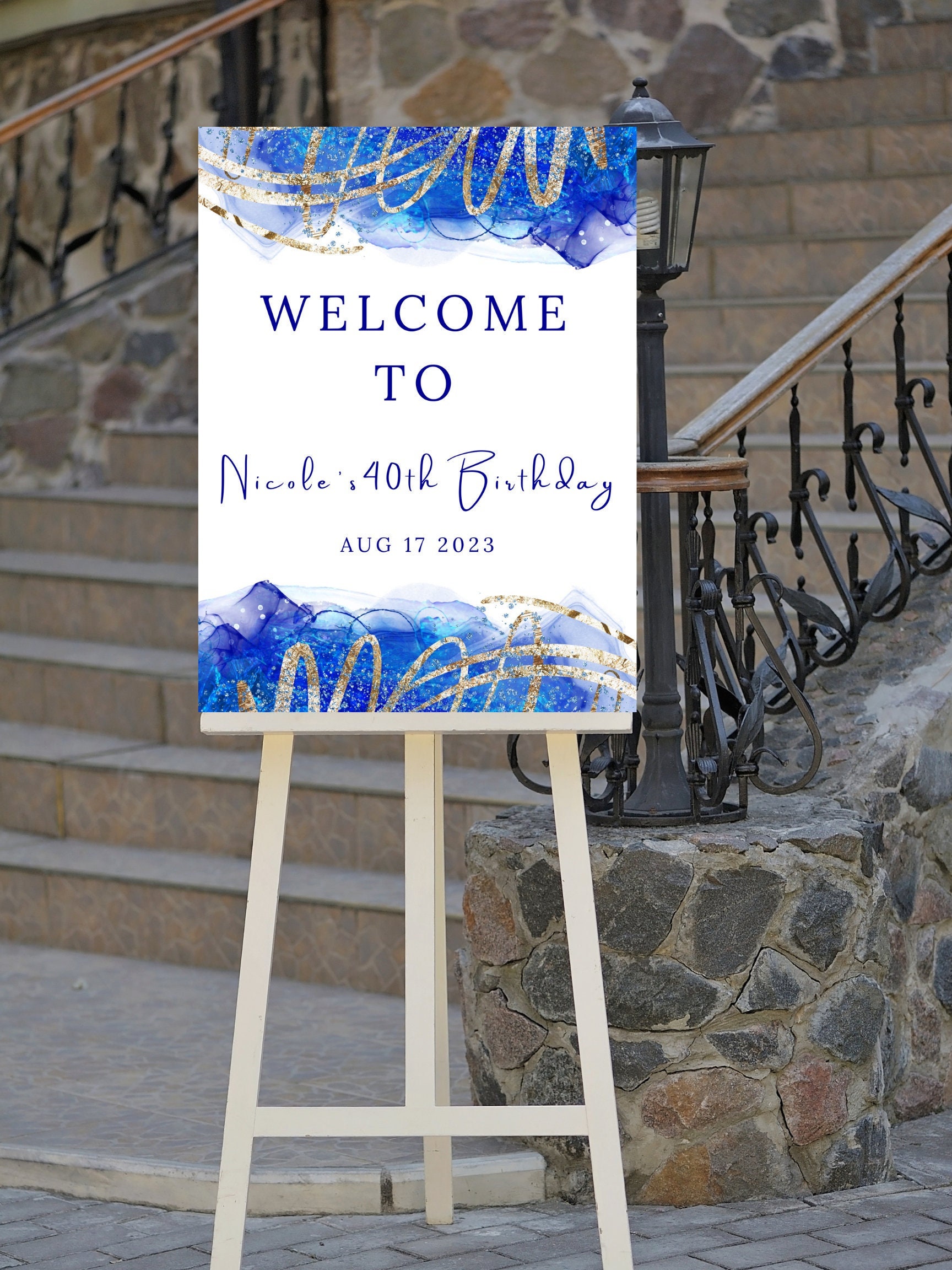 Editable Blue and Gold Birthday Welcome Sign, Birthday Party Welcome Poster, Welcome to Sign, Printable Instant Download