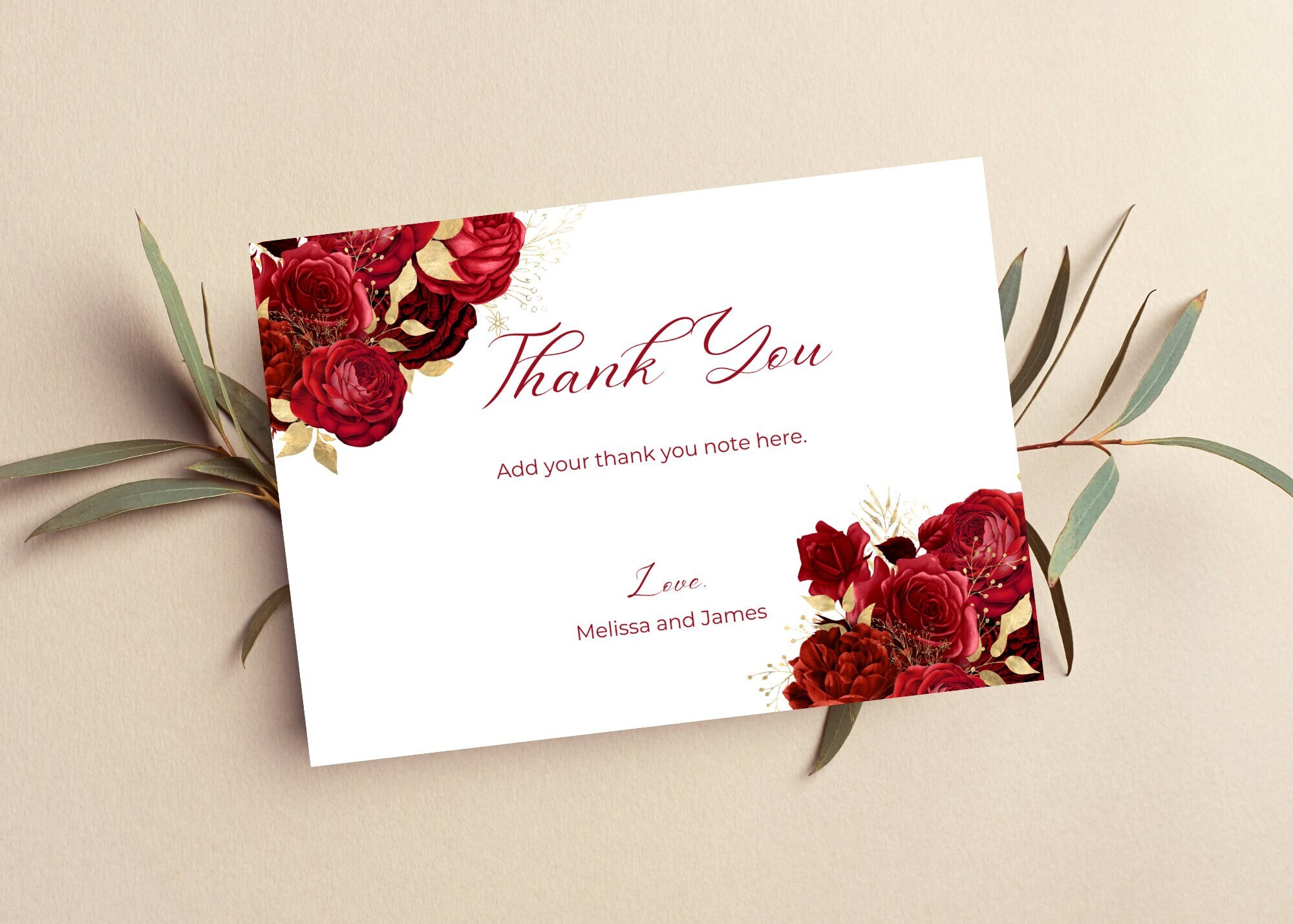 Printable Thank You Card, Red and Gold Floral Thank You Note