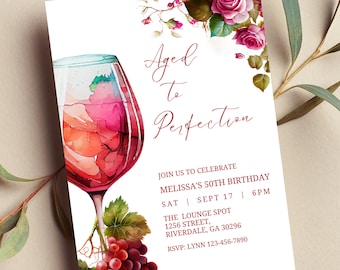 Editable Aged to Perfection Invitation, Wine Birthday Invitation, Winery Invitation, Fine Like Wine, Floral, Printable or Text Invite