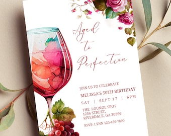 May include: Invitation to a 50th birthday party with a watercolor illustration of a glass of wine and grapes. The text reads "Aged to Perfection" and includes the date, time, and location of the party. RSVP information is also included.