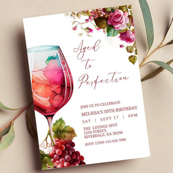 Editable Aged to Perfection Invitation, Wine Birthday Invitation, Winery Invitation, Fine Like Wine, Floral, Printable or Text Invite