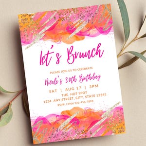 Editable Pink and Orange Invitation, Let's Brunch, Summer, Birthday, Wedding, Bridal Shower, Any Occasion, Printable or Digital Invitation