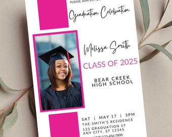 Pink Graduation Invitation with Photo  Modern Printable Announcement (Digital)
