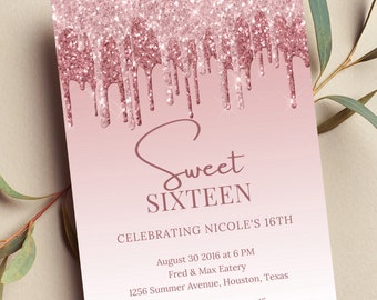 May include: A pink and white invitation with glitter accents. The invitation reads "Sweet Sixteen" and is for Nicole's 16th birthday party. The party is on August 30, 2016 at 6 PM at Fred & Max Eatery, 1256 Summer Avenue, Houston, Texas. Please RSVP before August 15 to Katherine at 222.1452.123.