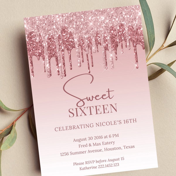 Edytowalne zaproszenie na urodziny Sweet 16, kropla różowego brokatu, do druku