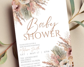 Editable Boho Baby Shower Invitation, Gender Neutral, Pampas, Boho Floral, Printable or Text Invite