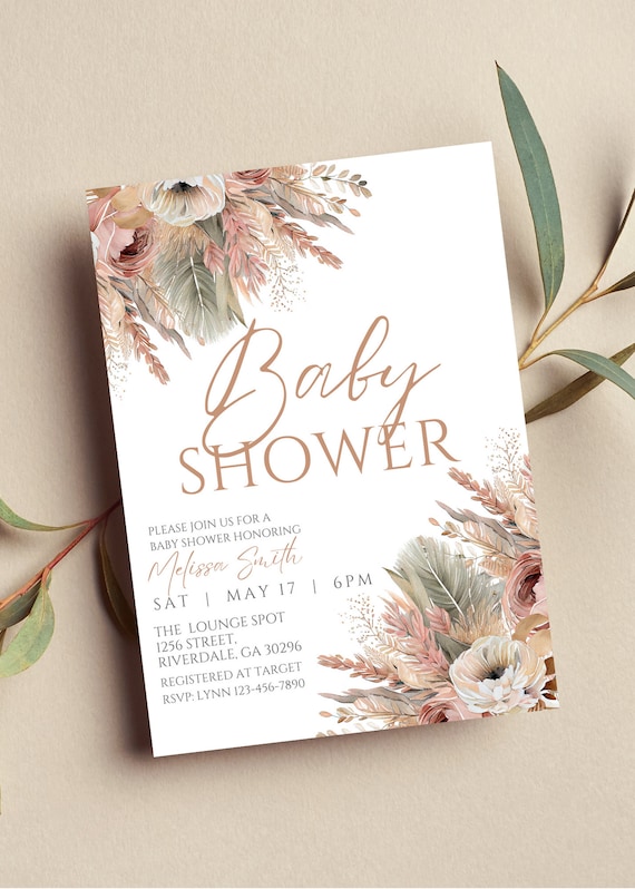 Editable Boho Baby Shower Invitation, Gender Neutral, Pampas, Boho Floral, Printable or Text Invite