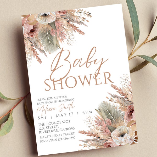 Editable Boho Baby Shower Invitation, Gender Neutral, Pampas, Boho Floral, Printable or Text Invite