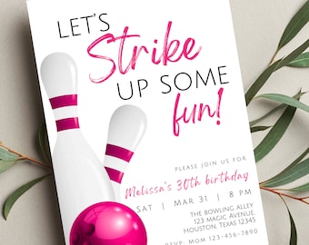 Invito di compleanno a tema bowling modificabile, "Divertiamoci un mondo!", rosa, stampabile o digitale.