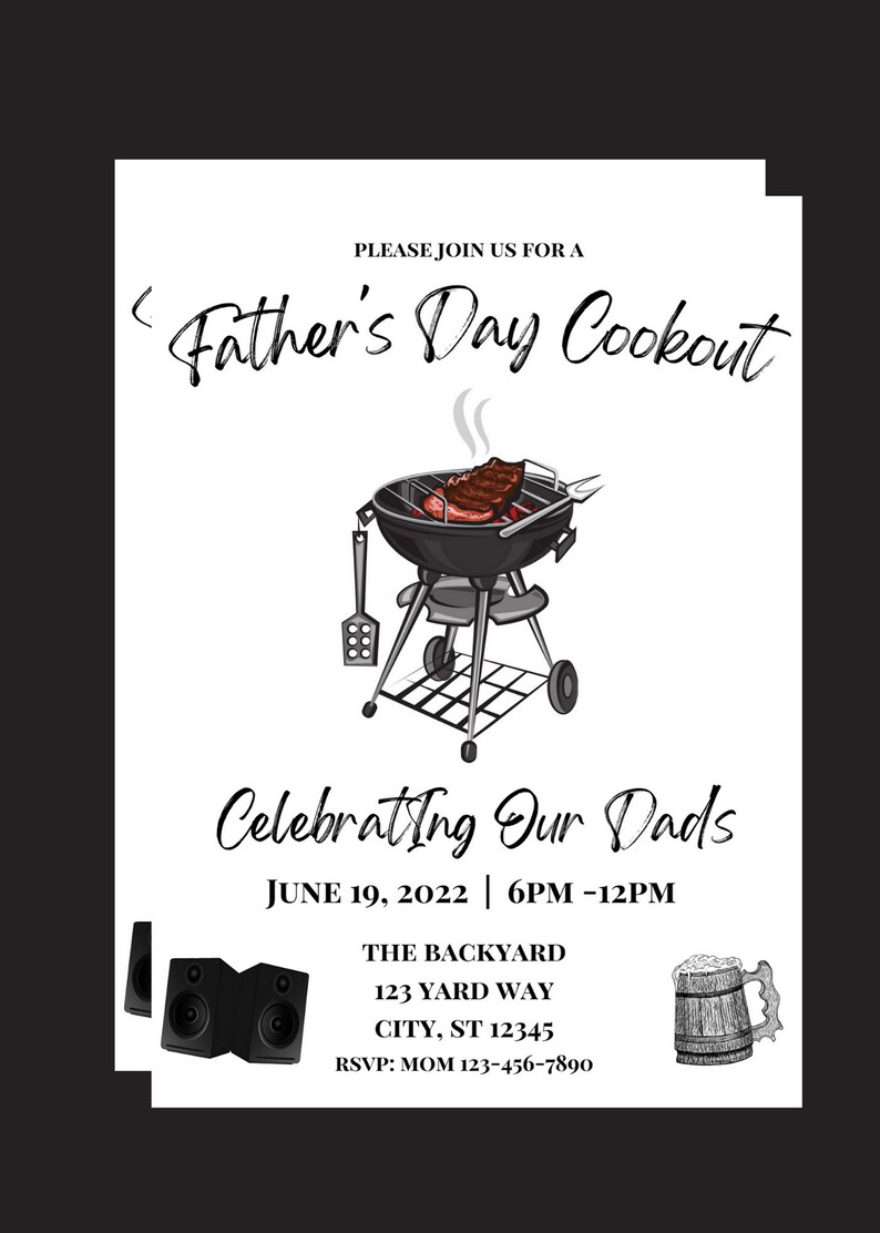 Puede incluir: Una invitaci&oacute;n a una barbacoa del D&iacute;a del Padre con una ilustraci&oacute;n en blanco y negro de una parrilla con un bistec encima. El texto dice "Father's Day Cookout" y "Celebrating Our Dads". La fecha y hora del evento son el 19 de junio de 2022, de 18:00 a 12:00. La ubicaci&oacute;n es The Backyard, 123 Yard Way, City, ST 12345. La informaci&oacute;n de RSVP es MOM 123-456-7890.