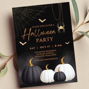 Editable Adult Halloween Party Invitation, Halloween Costume Party, Black and White Pumpkin, Halloween Birthday Printable or Text Invitation