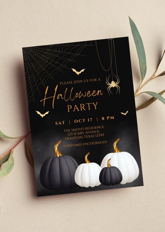 Editable Adult Halloween Party Invitation Halloween Costume Party Black and White Pumpkin Halloween Birthday Printable or Text Invitation