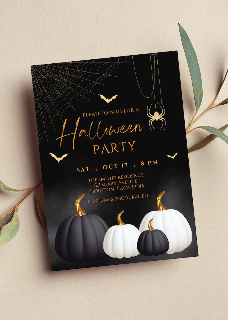 Editable Adult Halloween Party Invitation, Halloween Costume Party, Black and White Pumpkin, Halloween Birthday Printable or Text Invitation