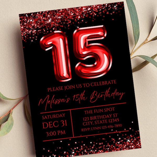 Editable 15th Birthday Invitation, Red and Black Invitation, Red 15 Balloon, Glam, Glitter, Printable or Text Invite