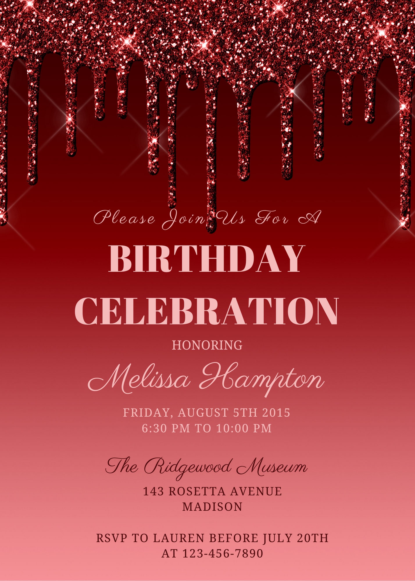 Editable Red Birthday Invitation, Red Glitter Drip, Printable or ...
