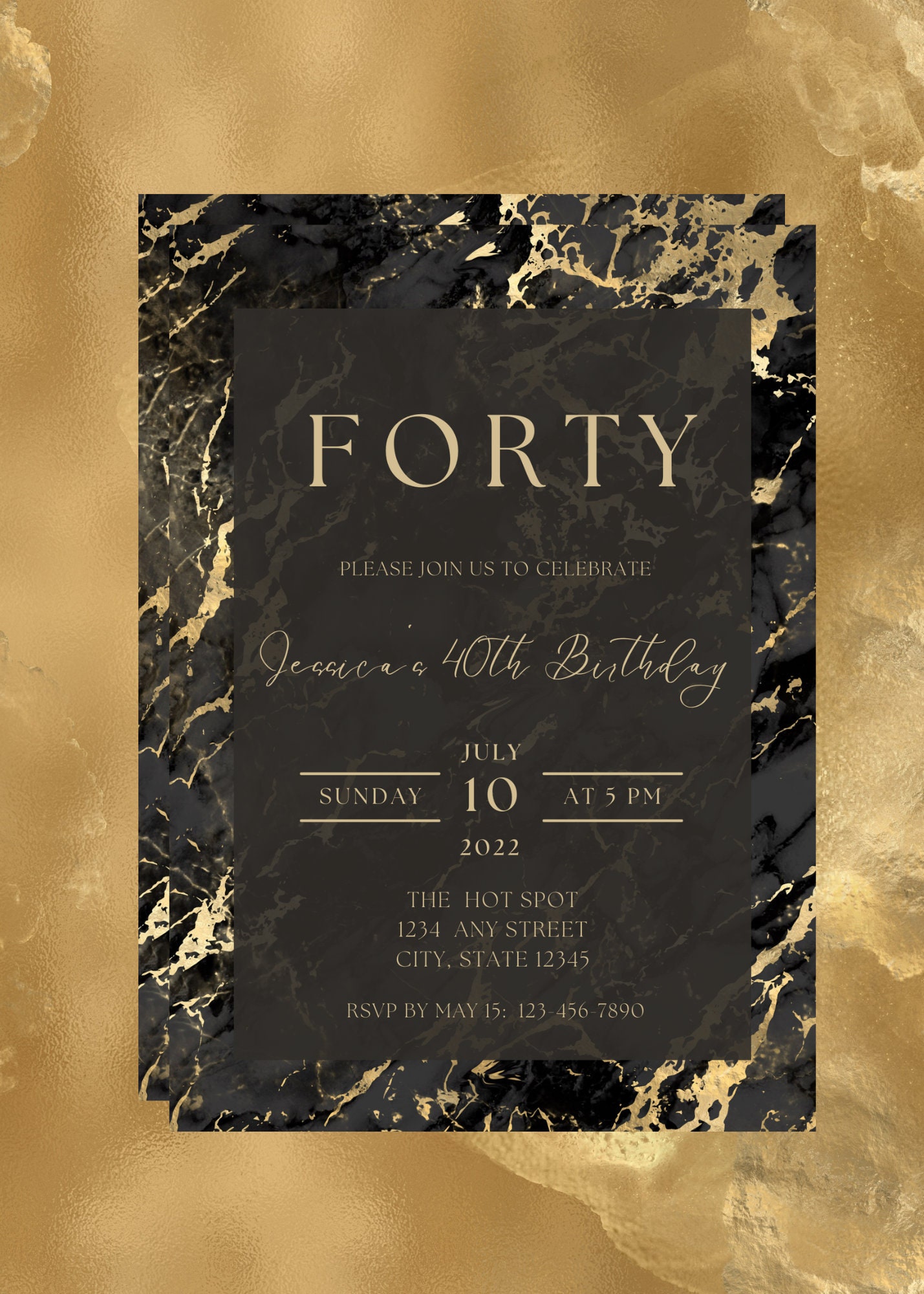 Editable Black and Gold Birthday Invitation, Black Marble Invitation ...