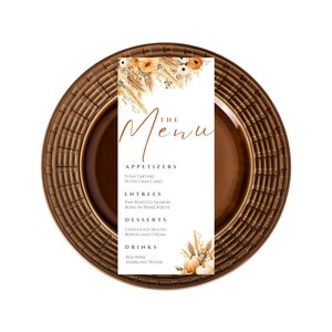 Modèle de carte de menu modifiable pour Thanksgiving avec fleurs bohèmes et citrouilles, cartes de menu imprimables