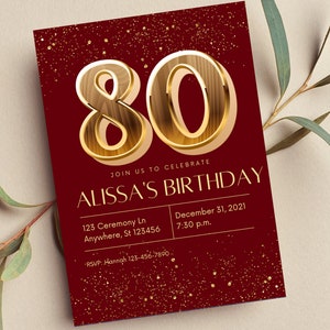 Editable 80th Birthday Party Invitation, Burgundy and Gold, Printable or Text Invite