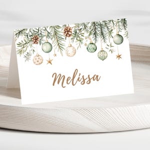 Tarjeta de nombre para Navidad editable, verde y dorada, imprimible, descarga instantánea