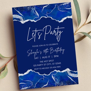 Editable Let&#39;s Party Invitation, Royal Blue and Silver, Any Occasion, Printable or Digital Invite
