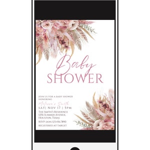 Może przedstawiać: R&oacute;żowe i białe zaproszenie na baby shower z kwiatowym wzorem. Zaproszenie zawiera napis "Baby Shower" i zawiera szczeg&oacute;ły wydarzenia: "Dołącz do nas na baby shower z okazji Melissa's Smith, Sob 17 listopada | 17:00, Rezydencja Smith&oacute;w, 1256 Summer Avenue, Houston, Teksas, RSVP: Don 123.456.7890, Zarejestrowane w Target."