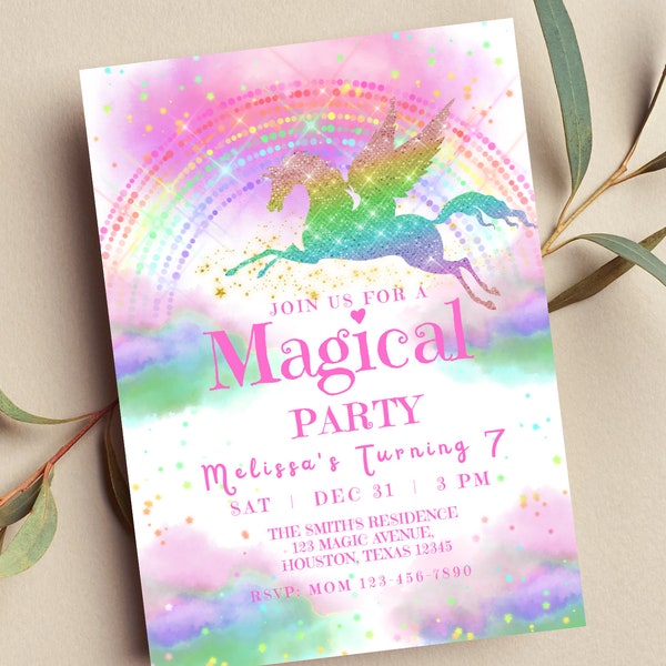 Editable Unicorn Birthday Invitation, Magical Party,  Unicorn Invite, Unicorn Party, Print or Text Invite