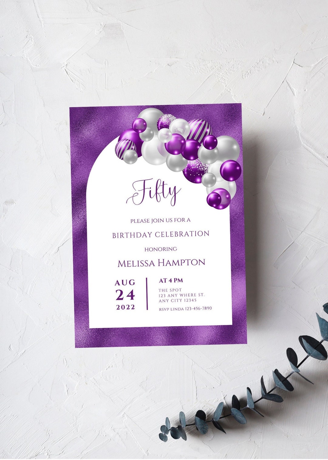Editable Purple and Silver Birthday Invitation, Purple and Silver